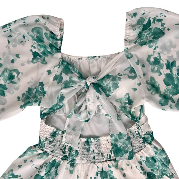 Fit & Flare Milkmaid Dress XL Green White Lantern Sleeves Ruffle Stretch Waist - Picture 10 of 16